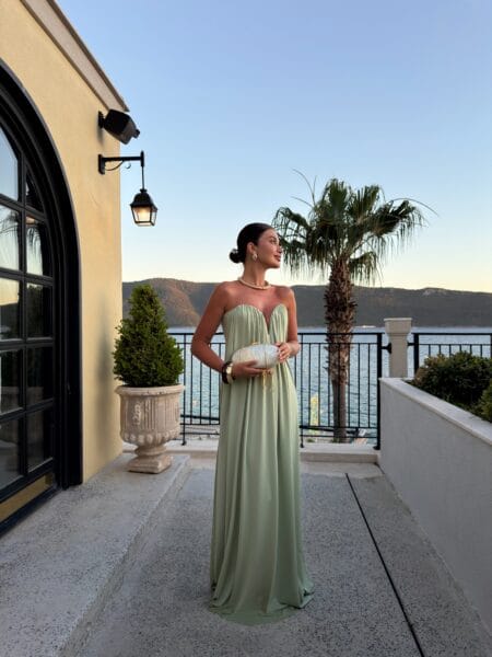 Sage green strapless Grecian chiffon gown, autumn wedding guest dress