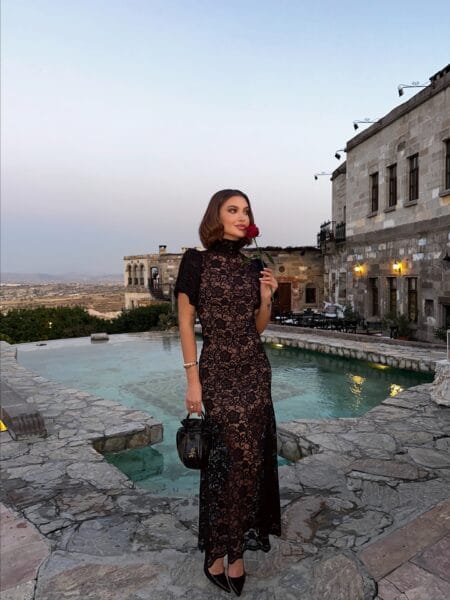 Black floral lace high-neck maxi dress, fall wedding guest outfit idea