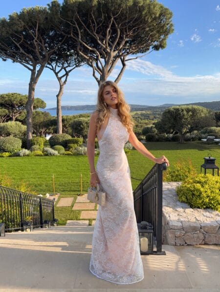 Blush lace halterneck gown, fall wedding guest outfit