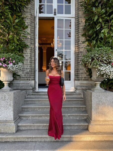 Burgundy croc-effect bias fishtail gown, autumn wedding guest dress