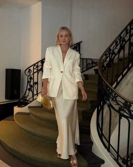 Ivory blazer and silk maxi skirt, autumn wedding guest outfit idea