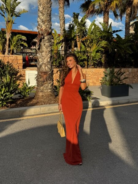 Rust halterneck jersey maxi dress with side slit, autumn wedding guest dress