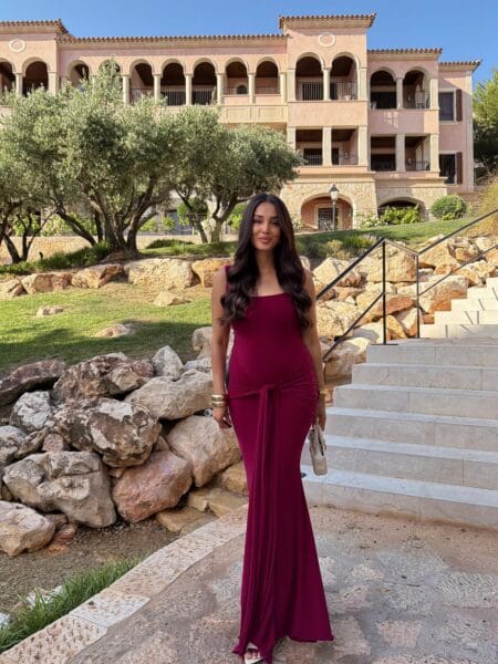 Berry jersey wrap-tie column gown, fall wedding guest outfit
