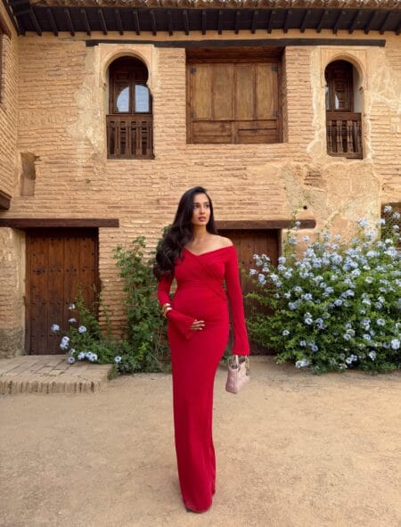 Red off-shoulder ruched jersey gown, autumn wedding guest dress
