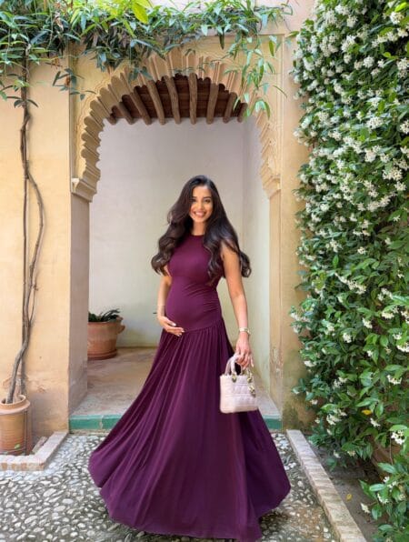 Plum high-neck drop-waist fishtail gown, fall wedding guest outfit idea
