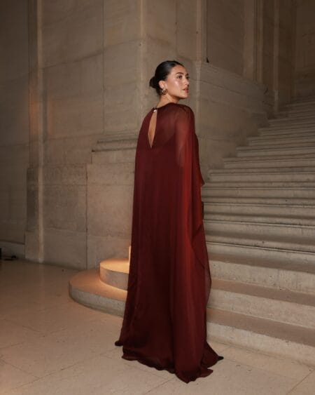Burgundy chiffon cape-back gown, fall wedding guest dress