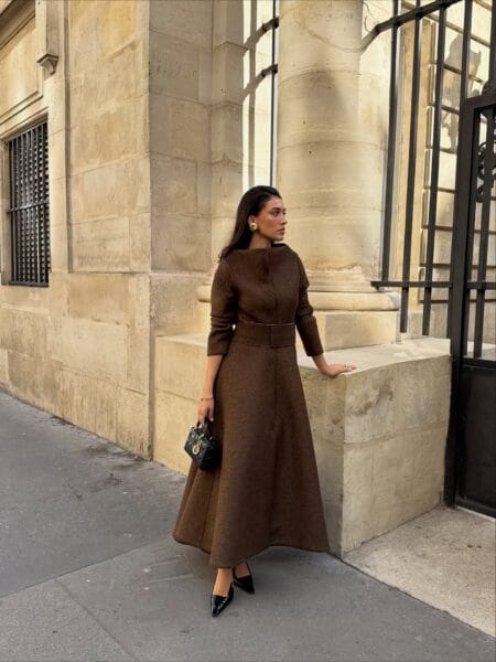 Chocolate brown wool A-line belted midi dress, autumn wedding guest outfit