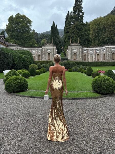 Gold sequin strapless fishtail gown, autumn wedding guest dress idea
