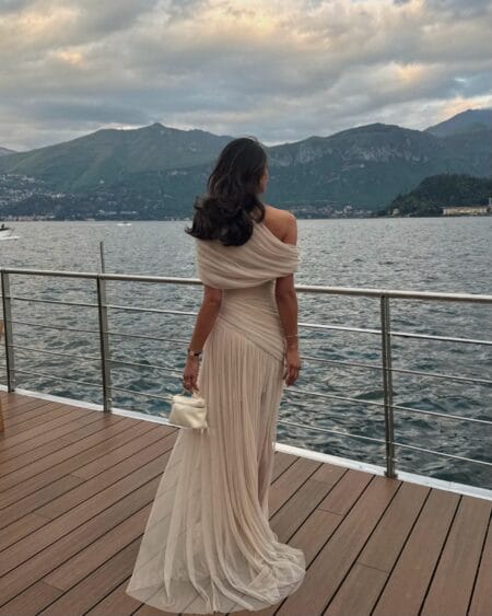 Blush pleated tulle one-shoulder gown, fall wedding guest dress