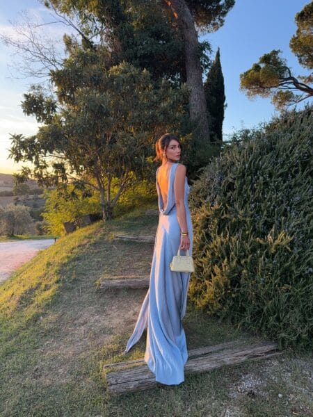 Powder blue satin cowl-back draped gown, autumn wedding guest dress