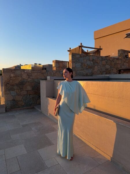 Sage satin cape-sleeve bias maxi dress, fall wedding guest outfit