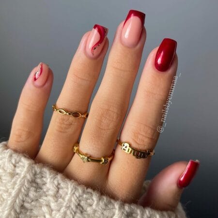 Cherry red French tip maroon nails for fall with gold swirl accent