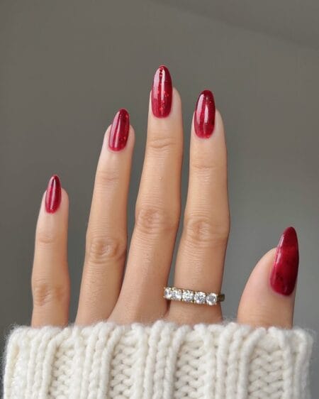 Jelly red glitter almond nails for fall