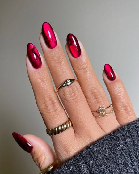 Ruby marble chrome almond nails