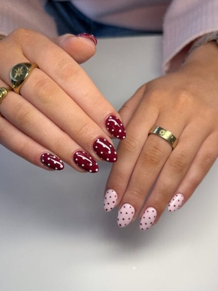 Maroon and blush polka dot nails for fall