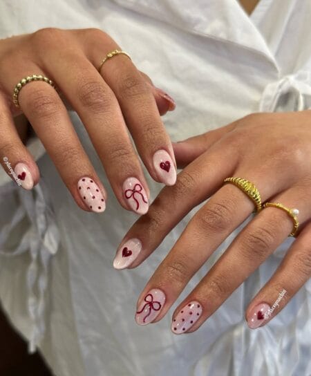 Nude maroon heart and bow mixed manicure
