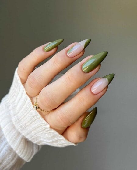 Olive green glossy nails with an earthy autumn-inspired finish.
