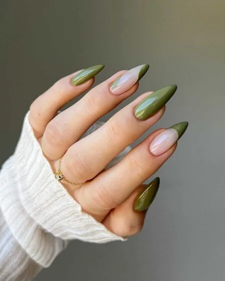 Olive green glossy nails with an earthy autumn-inspired finish.