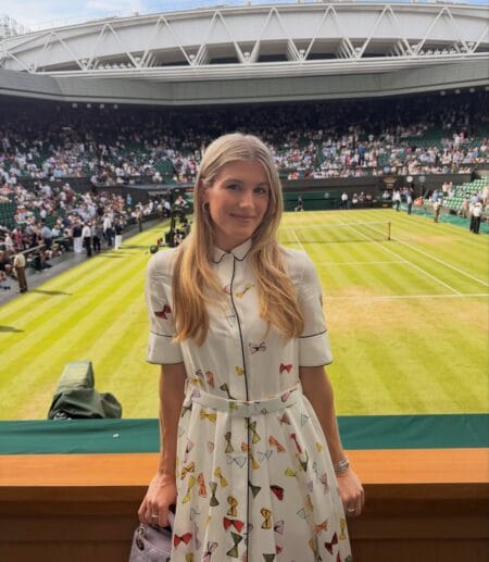Bow print piped shirt dress with feminine details for Wimbledon.