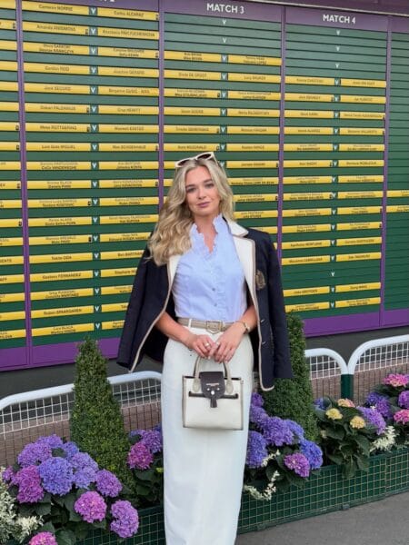 Navy blazer with ruffle blouse and cream maxi skirt Wimbledon outfit.