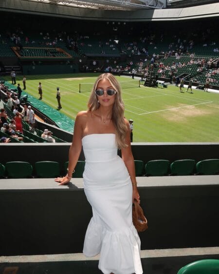 White strapless mermaid gown styled for an elegant Wimbledon event.