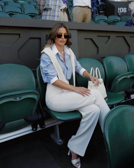 Striped shirt with cable knit vest and cream trousers for Wimbledon.