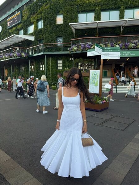 White scoop-back fit and flare dress for a timeless Wimbledon outfit.