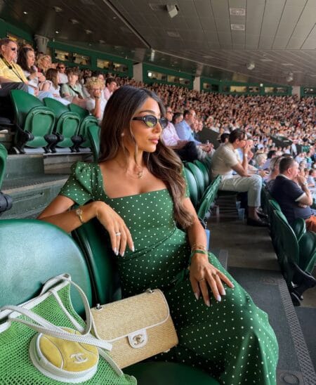 Green polka dot puff-sleeve midi dress perfect for a stylish Wimbledon outfit.