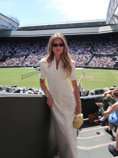 Cream button-front collared maxi dress with elegant Wimbledon style.