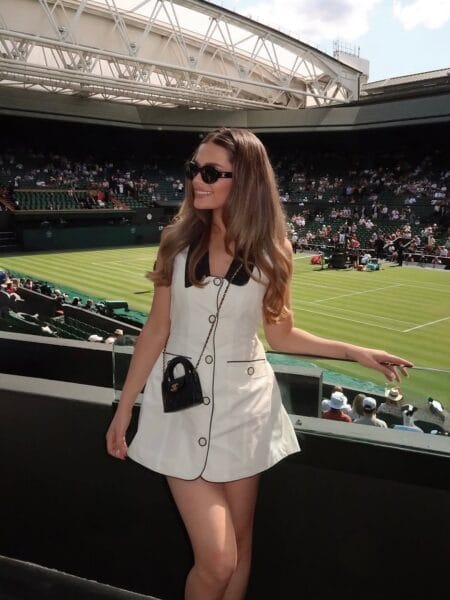 White mini dress with black Peter Pan collar for a preppy Wimbledon look.