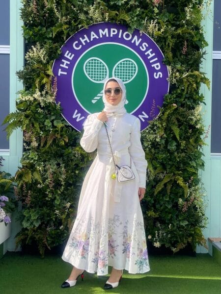 Ivory floral-hem shirt dress with hijab for a modest Wimbledon outfit.