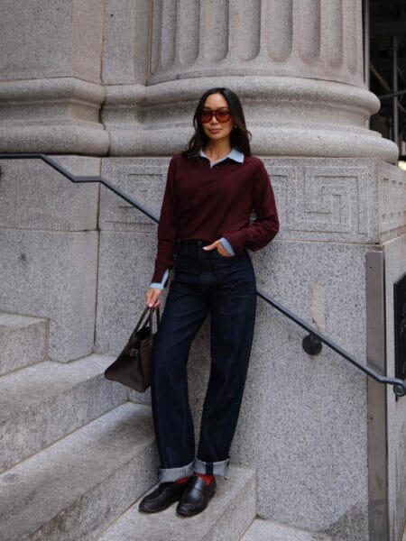 Burgundy contrast-collar polo with raw denim and loafers, a preppy burgundy autumn outfit