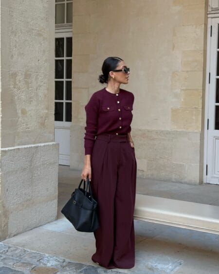 Monochrome burgundy knit cardigan and trousers set, a burgundy fall work outfit