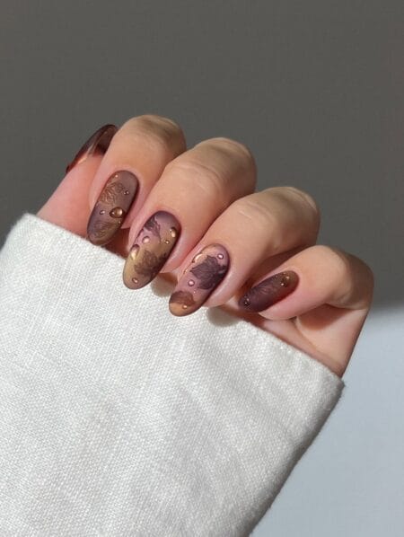 Matte bronze fall nails with pressed leaf and copper foil