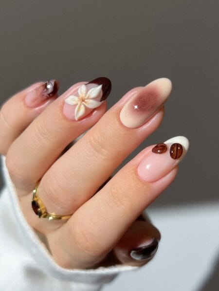 Coffee bean and cream latte almond nails for autumn