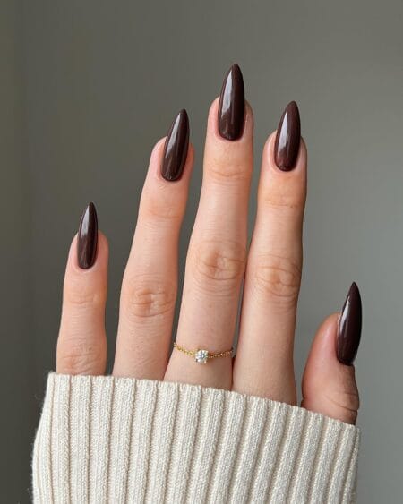 Espresso brown glossy almond nails for fall