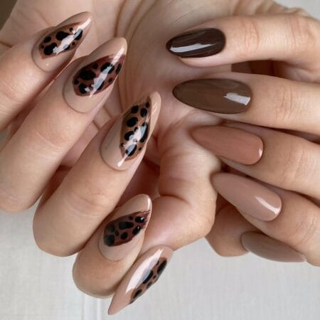 Brown leopard print almond nails with espresso and taupe