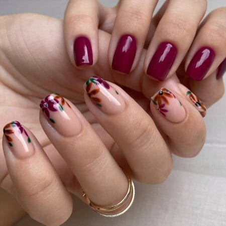 Berry magenta short nails with plum and rust floral art