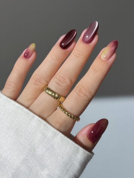 Burgundy chrome and wine ombre almond nails