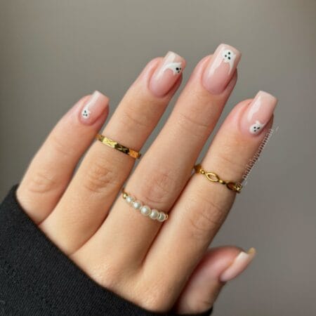 Nude square nails with white ghost French tips halloween nails