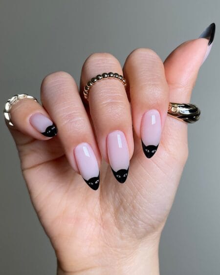 Almond nails with black cat French tips