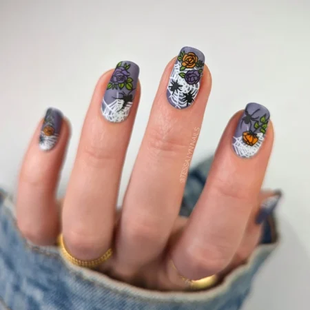 Grey purple square nails with spider webs roses and pumpkins
