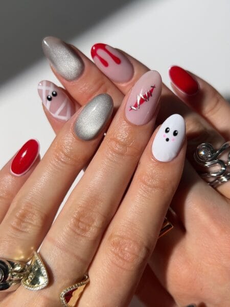 Silver chrome nails with blood drips mummy and white ghost