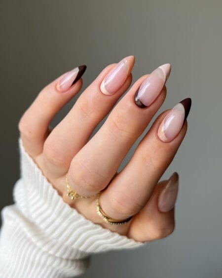Long almond nails with abstract chocolate and cream double French tips