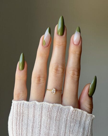 Almond nails mixing solid olive green with abstract nude designs