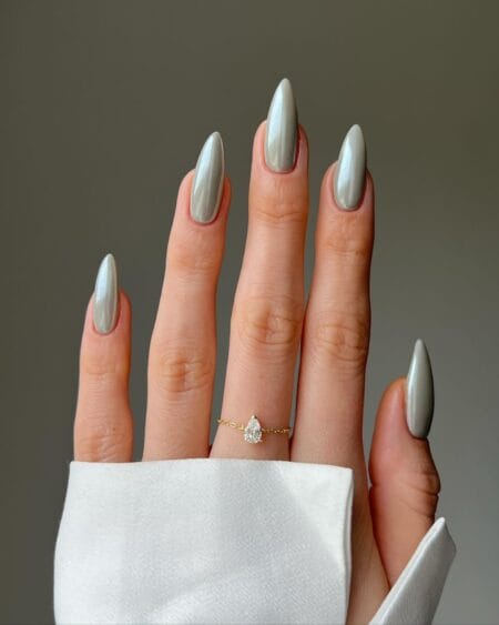 Long almond nails in sage grey pearl chrome