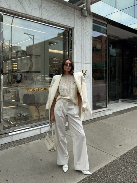 All-cream tailored October outfit with blazer, cable knit and white wide-leg trousers