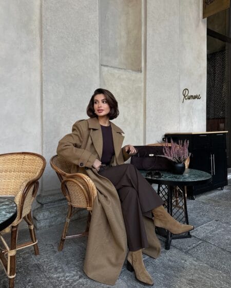 Autumn outfit with long camel wool coat, chocolate trousers and tan suede western boots