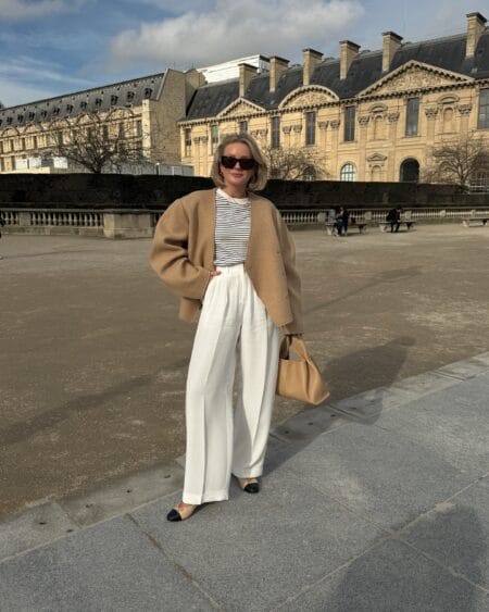Autumn outfit with camel cardigan, navy Breton stripe top and white wide-leg trousers