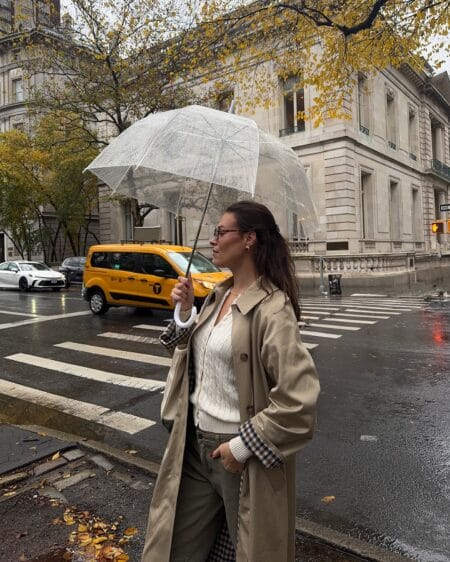Rainy day fall outfit with beige trench coat, cream cable cardigan and olive utility trousers